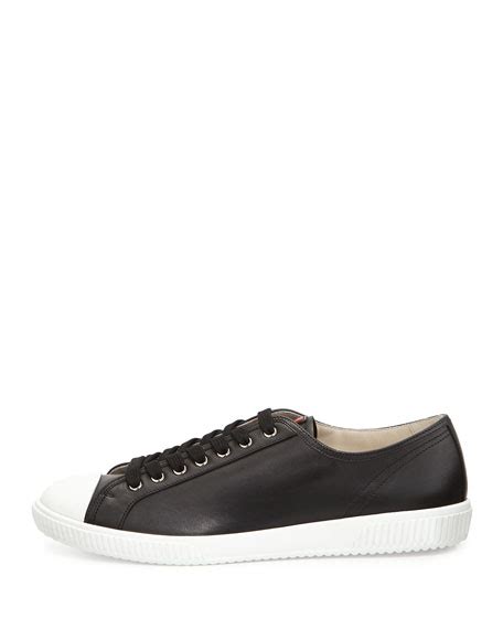 prada leather cap-toe low-top sneaker black|Prada Downtown Leather Sneakers .